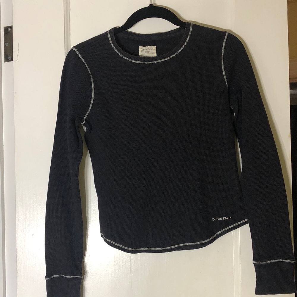 Calvin Klein Black Long-Sleeve Waffle Thermal Top with Contrast Stitching